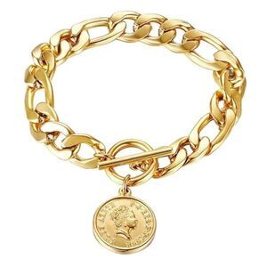 Cuban Link Chain Coin Bracelet Womens Gold Vintage Inspired Accessory Brand New